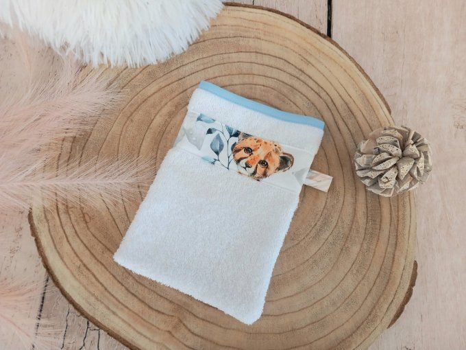 Gant de toilette animaux bleus/ micro-éponge bambou blanche