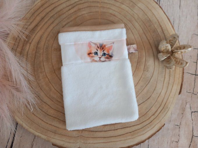 Gant de toilette chat / micro-éponge bambou blanche