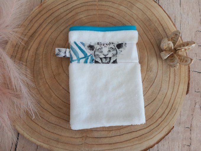 Gant de toilette savane bleue / micro-éponge bambou blanche