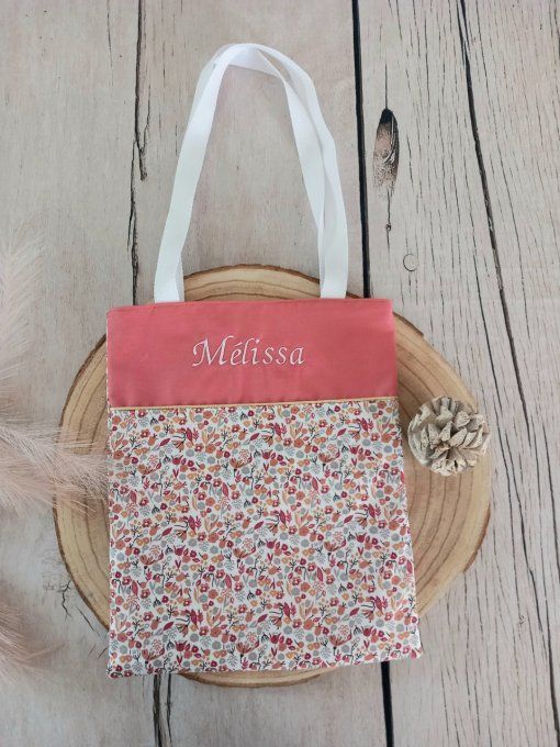 Tote bag enfant fleurette / uni marsala