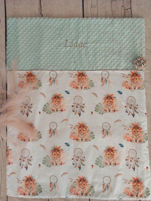 Couverture personnalisée bébé lion boho / minky vert