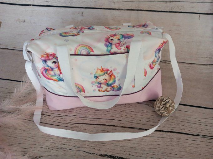 Sac à langer licorne / uni rose clair / prénom violet