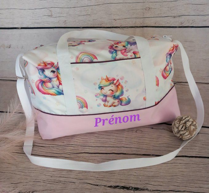 Sac à langer licorne / uni rose clair / prénom violet