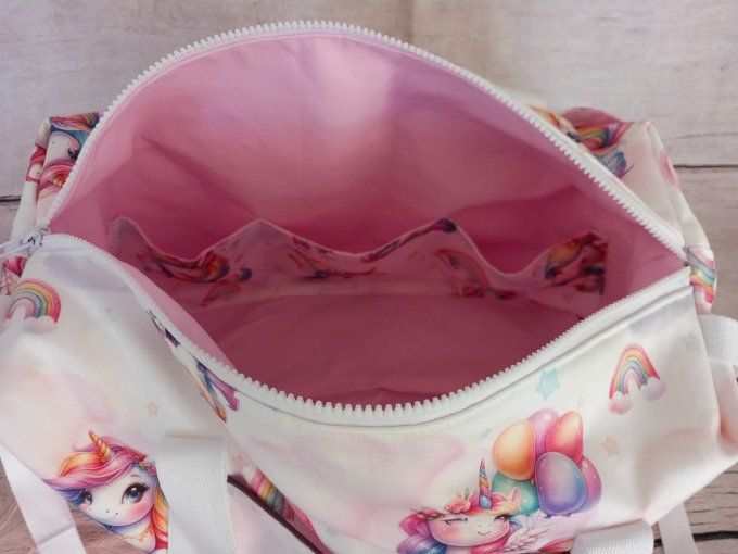 Sac à langer licorne / uni rose clair / prénom violet