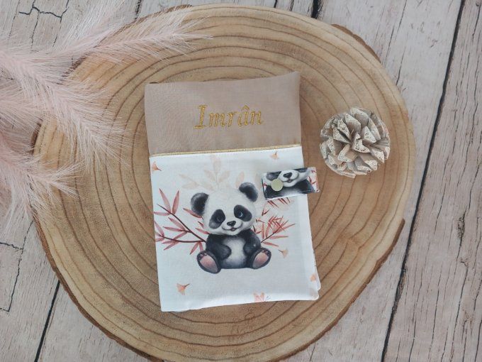 Protège carnet de santé panda / uni beige / broderie dorée