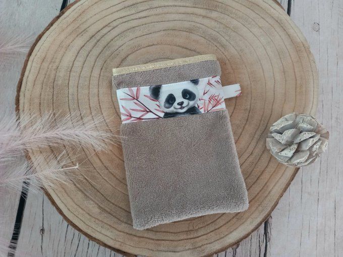 Gant de toilette panda / micro-éponge bambou taupe / liseré doré