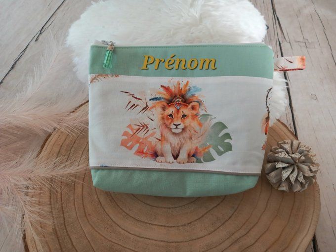 Trousse de toilette lion boho / uni vert clair