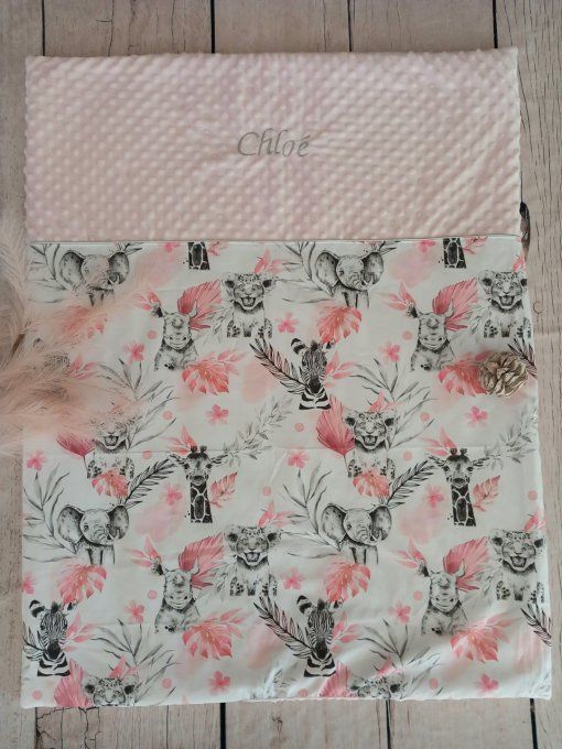 Couverture personnalisée bébé savane rose/minky rose