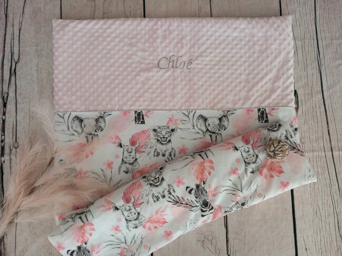 Couverture personnalisée bébé savane rose/minky rose