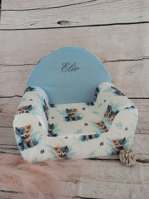 Fauteuil club enfant loup / uni bleu clair