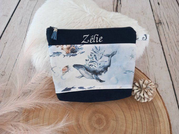 Trousse de toilette baleines / tissu coton uni bleu marine