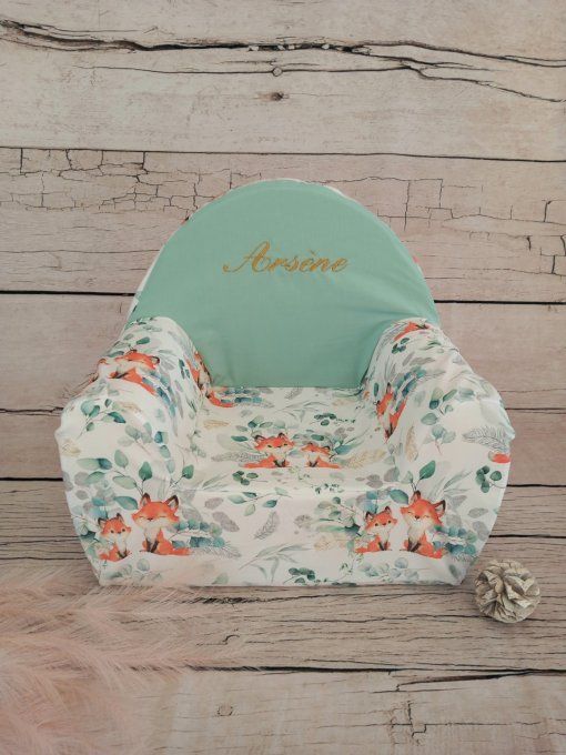 Fauteuil club enfant renards eucalyptus / uni vert clair / prénom doré