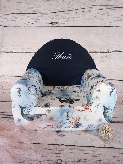 Fauteuil club enfant baleines / uni bleu marine